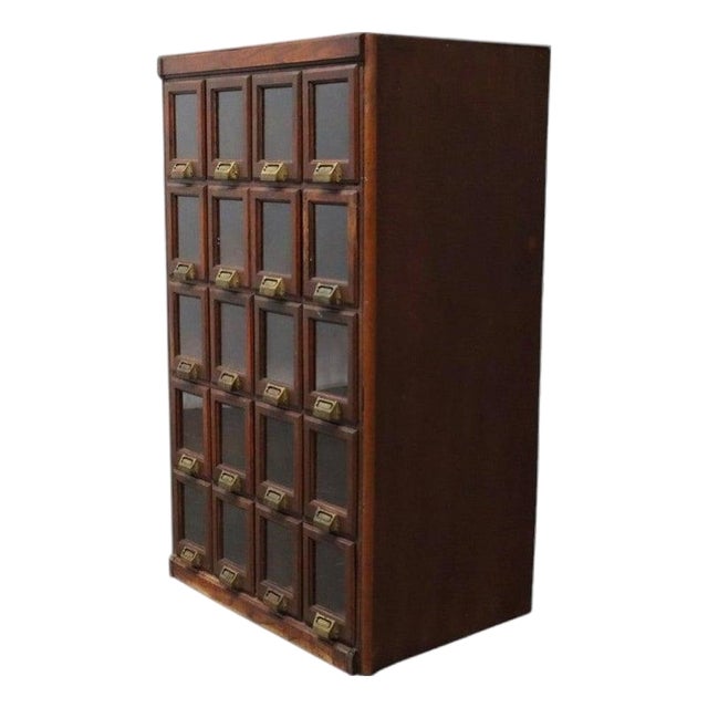 Oak Apocathary Cabinet With 20 Glass-Front Drawers C1900 For Sale