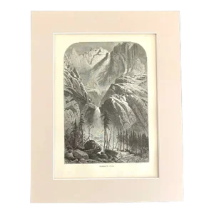 Antique 1874 Wood Engraving "Yosemite Fall" California in 11x14 Mat