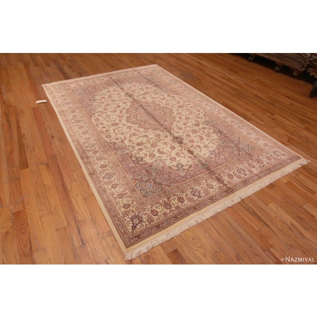 Fine Floral Room Size Vintage Luxurious Silk Persian Qum Medallion Rug, country of origin: Persian Rugs, Circa date: Vintage