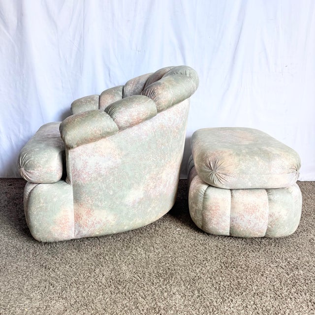1980s Postmodern Clam Shell Swivel Lounge Chair With Ottoman on Casters For Sale - Image 5 of 9