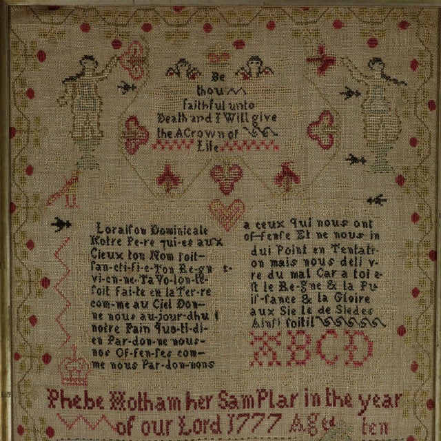Antique Sampler, 1777 by Phebe Hotham Aged 10. The sampler is worked in wool and silk threads on a linen ground, mainly in...