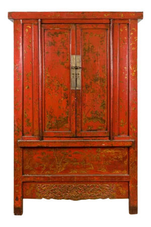 Chinese Qing Dynasty Period Red Lacquered Cabinet with Gilt Chinoiserie Décor