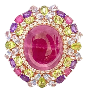 Bochic "Orient" Vintage Ruby, Peridot & Amethyst Ring Set In 18 K Gold & Silver