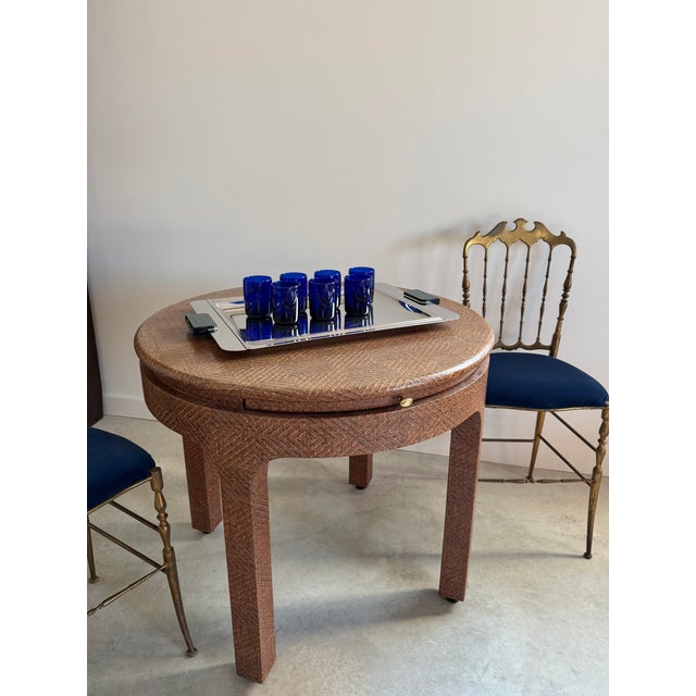 Brown Harrison Van Horn Round Game Table Lacquered Raffia Sliding Shelf 1980s Glamour For Sale - Image 8 of 13