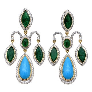 Natural Turquoise, Emerald, & Diamond Earring in 14k Gold For Sale