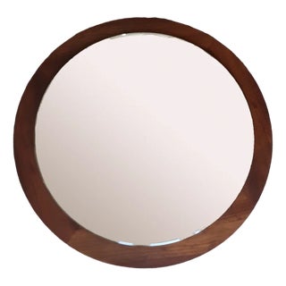 Vintage Round Wall Mirror with Frame in Teak, 1970s For Sale