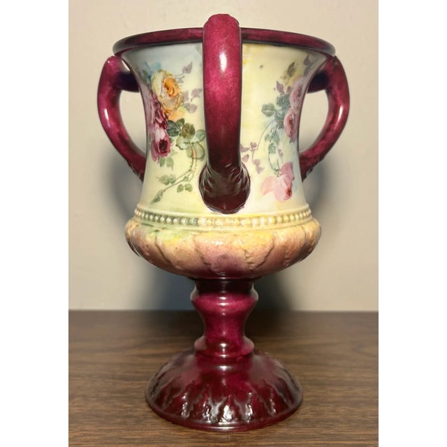 American 1889-1906 American Ceramic Art Studio Belleek Porcelain Hand Painted Rose Motifs Loving Cup Vase For Sale - Image 3 of 10