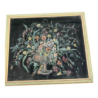Large Mid-Century Original Floral Painting on Velveteen – Framed 29" X 25" For Sale