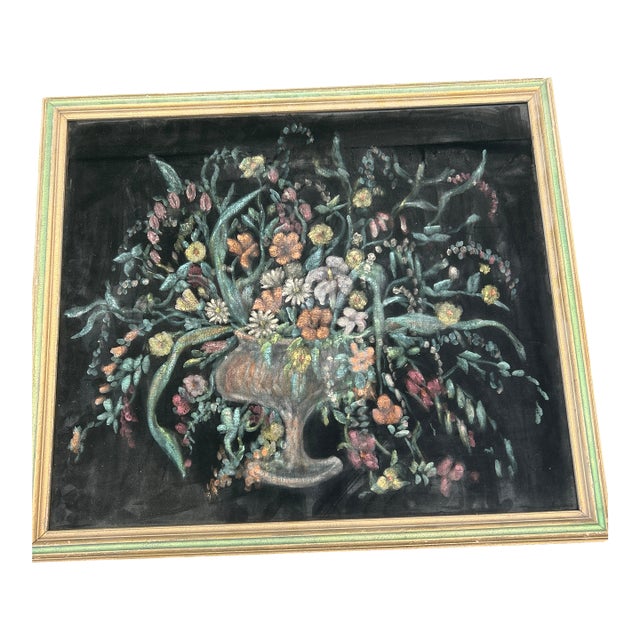 Large Mid-Century Original Floral Painting on Velveteen – Framed 29" X 25" For Sale