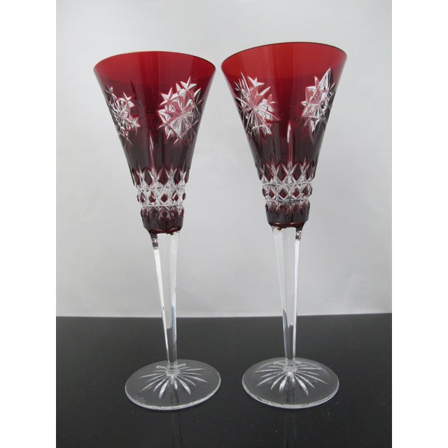 Late 20th Century Waterford Red Snowflake Crystals 9 3/8" Fluted Champagne Glass Set of 2 For Sale - Image 5 of 13