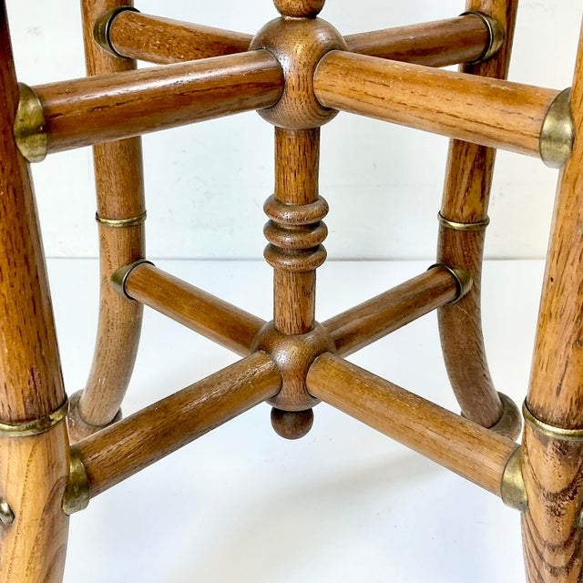 1950s Vintage Arts & Crafts Boho Chic Oak, Cane & Brass Stick & Ball Drinks Table For Sale - Image 6 of 13