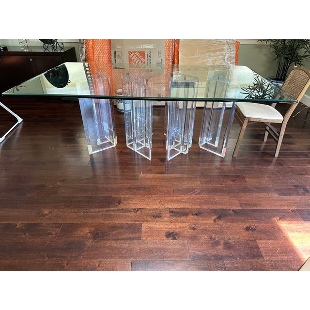 Transparent 1980s Lucite Pedestals Base Glass Top Dining Conference Table For Sale - Image 8 of 8