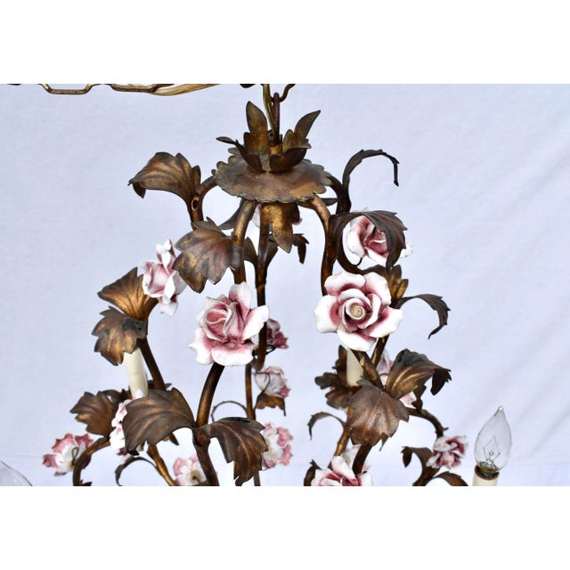Italian Italian Mid-Century Modern Tole Chandelier, Gold Gilt, Porcelain Roses For Sale - Image 3 of 6
