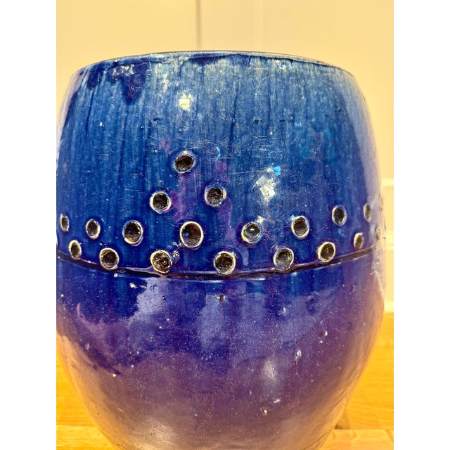 Ceramic Antique Chinese Export Cobalt Blue Glazed Garden Stool, Mask Handles For Sale - Image 7 of 12