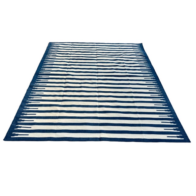 Handwoven Cotton Area Flat Weave Rug Vegetable Dyed Indigo Blue and White Striped Dhurrie - 5'x7' For Sale - Image 9 of 10