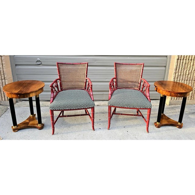 Wood Vintage Chinoiserie Coral Red Faux Bamboo Cane-Back Armchairs- Set of 2 For Sale - Image 7 of 12