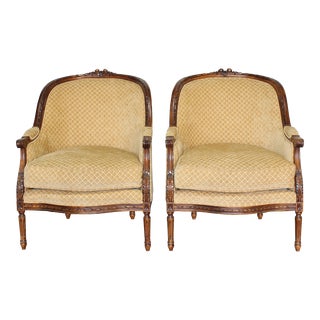 Pair of Luis XV Style Bergere Club Chairs For Sale