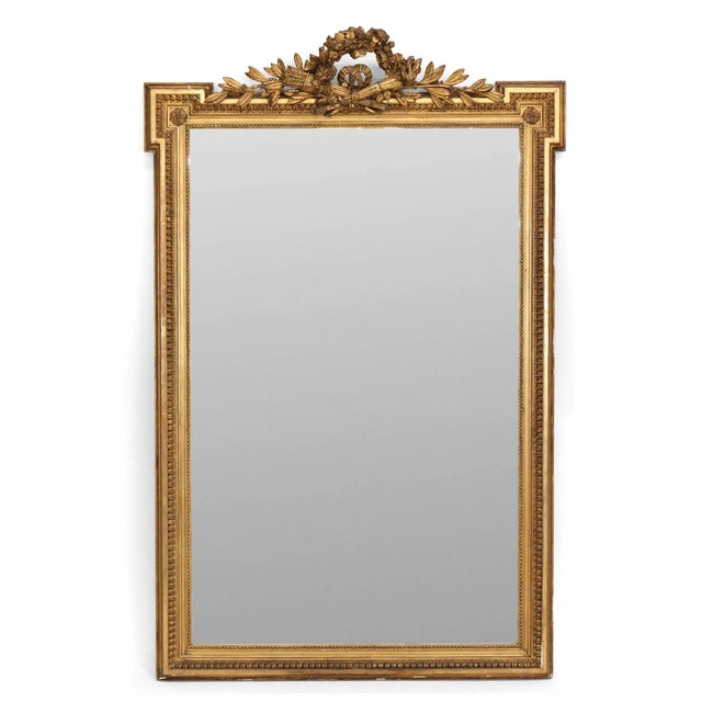 Gold 19th Century Giltwood Neoclassical Mirror With Laurel Wreath Crest, 63"h For Sale - Image 8 of 8
