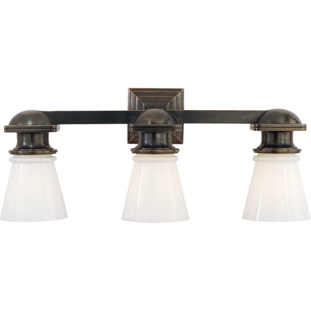 Traditional Chapman & Myers for Visual Comfort Signature New York Subway Triple Light in Bronze with White Glass For Sale - Image 3 of 4
