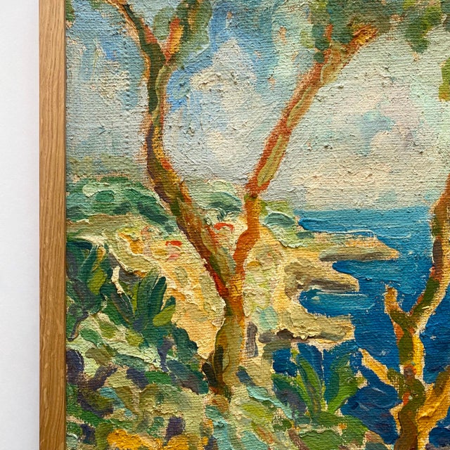Cerulean Vintage Mid Twentieth Century Postimpressionist " Stupiste, Komiza " Framed Original Adriatic Seascape Impasto Oil Painting For Sale - Image 8 of 18