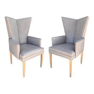 Pair of Modern Vladimir Kagan Style Leather Wingback Chairs For Sale