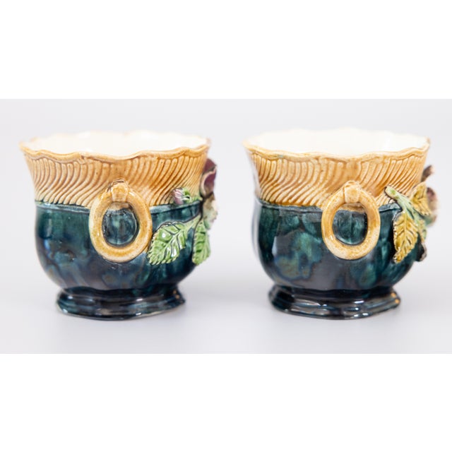 19th Century Petite French Majolica Barbotine Floral Cachepots Jardinieres For Sale - Image 4 of 11
