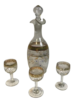 Glass Carafe With Glasses Enamel Hand Blown Hand Vintage Enamelware Painted Glass Decanter Cordial Glasses - 4 Piece Set