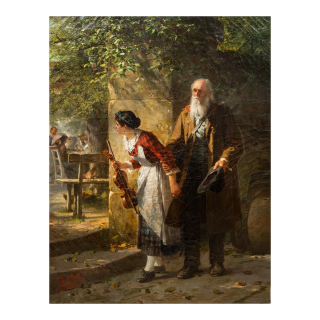 19th Century German Antique Oil Realist School Painting “The Blind Fiddler" For Sale
