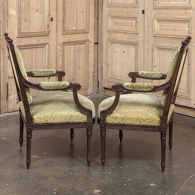 Late 19th Century Pair of 19th Century French Louis XVI Walnut Armchairs ~ Fauteuils For Sale - Image 5 of 17