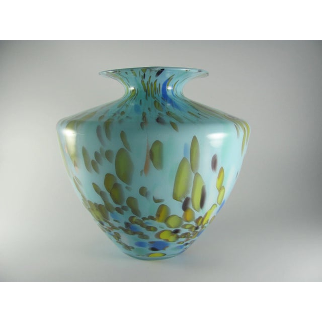 Large Mouth Blown Cased Art Glass Florence Tuscany Italy Turquoise Baby Blue Citrine Copper Vase For Sale - Image 6 of 9