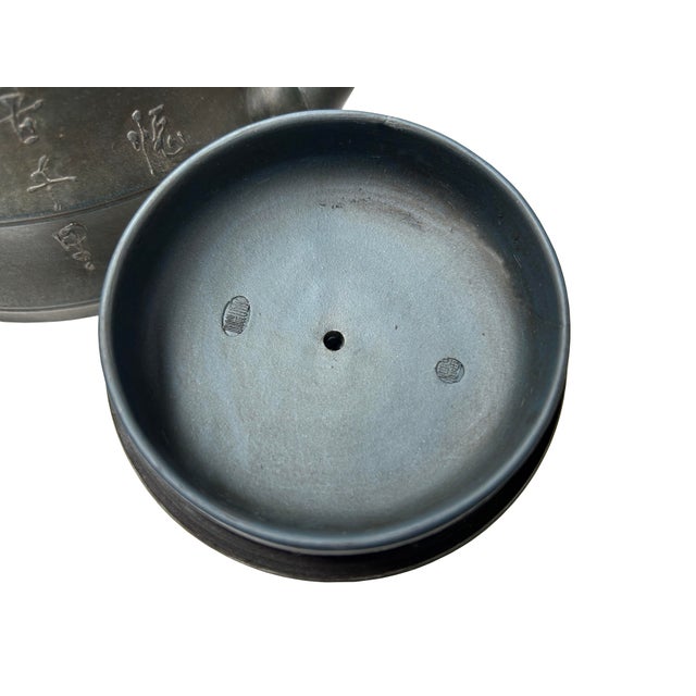 Sculpture Materials Vintage Chinese Gray Blue Round Shape Bamboo Theme Zisha Clay Teapot Art Display For Sale - Image 7 of 8