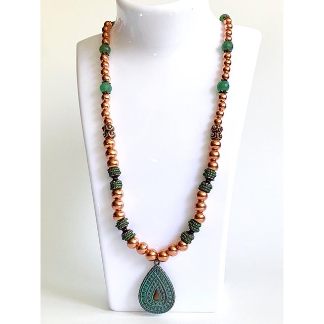 Artisan Solid Copper & Green Aventurine Statement Necklace | Verdigris Patina Pendant | Bohemian Luxe Handcrafted Jewelry For Sale - Image 15 of 18