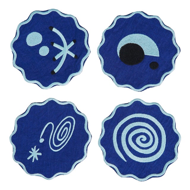 Misette Celestial Embroidered Linen Coasters in Blue (Set of 4) For Sale
