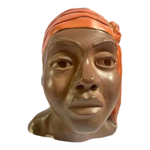 Vintage Plaster Sculpted Head/ Bust of Black Woman With Headscarf, 1970’s Signed