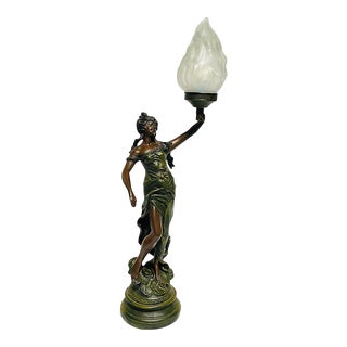 1930s Spelter Bronze Art Nouveau Diana Torche Table Lamp After Auguste Moreau For Sale