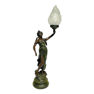 1930s Spelter Bronze Art Nouveau Diana Torche Table Lamp After Auguste Moreau