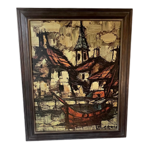 Mid Century Modern Impressionist Mediterranean Harbor Scene Print on Canvas Signed B.Lenil Abstract Schooner