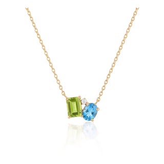 Minimalist Peridot & Swiss Blue Topaz Necklace | Emerald & Oval Cut Gemstone Pendant | Dainty Everyday Necklace For Sale