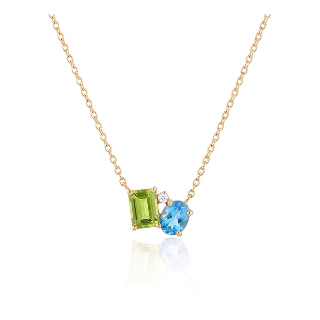 Minimalist Peridot & Swiss Blue Topaz Necklace | Emerald & Oval Cut Gemstone Pendant | Dainty Everyday Necklace For Sale