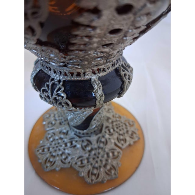 Pair of Antique Bohemian Amber Glass Vases With Elaborate Silver-Plated Filigree & Imperial Double-Headed Eagle Mounts (C. 1900) For Sale In New York - Image 6 of 12