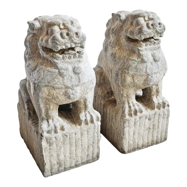 Old Mongolian Stone Foo Dog Statues - Pair For Sale