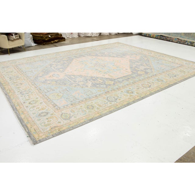 Modern Handmade Oushak Style Wool Rug in Peach and Blue With Medallion Design For Sale In New York - Image 6 of 9