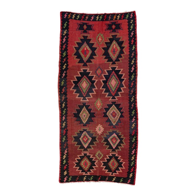 Mid-20th Century Turkish Kilim Red Handmade Tribal Wool Rug For Sale