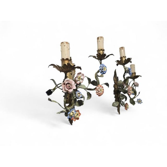 1950s Vintage Wall Sconces with Porcelain Flowers, 1950s, Set of 2 For Sale - Image 5 of 11