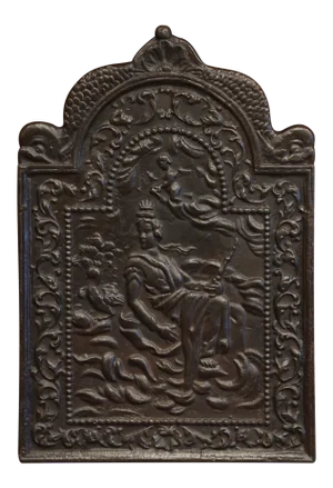 19th Century French Louis XV Polished Iron Fire Back With Goddess and Dolphins