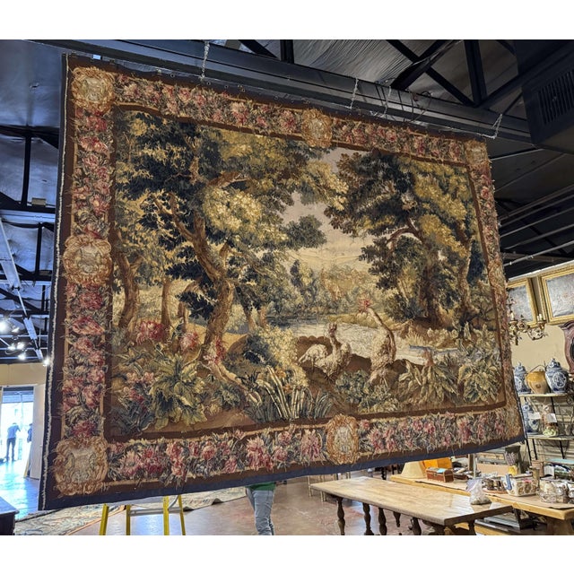 19th Century French Handwoven Aubusson Verdure Wall Tapestry For Sale - Image 9 of 11