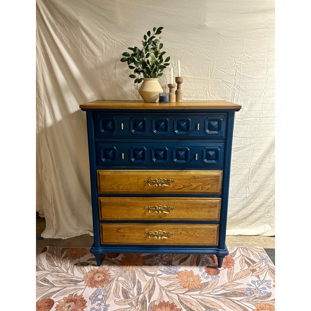 Late 20th Century Mid-Century Modern Deep Blue Geometric Wooden Dresser For Sale - Image 5 of 6