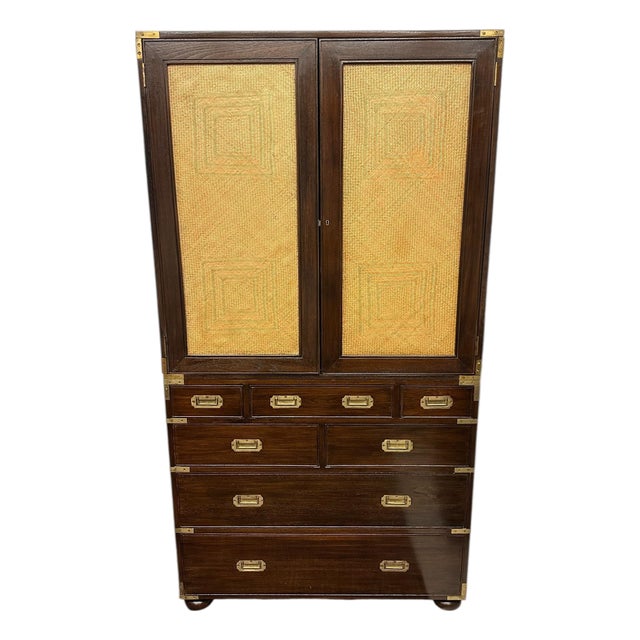 Late 20th Century Campaign Rattan Linen Press For Sale