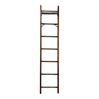 Antique Wood Metal Library Ladder 7 Rung Rolling Bookcase Ladder 82" For Sale