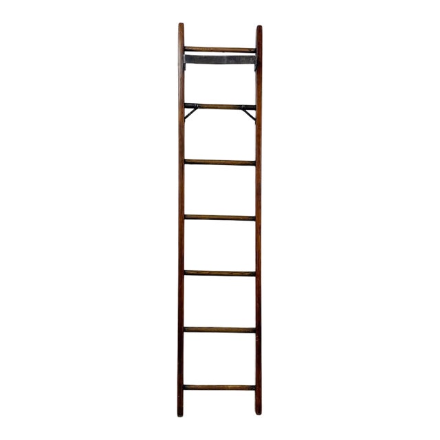 Antique Wood Metal Library Ladder 7 Rung Rolling Bookcase Ladder 82" For Sale